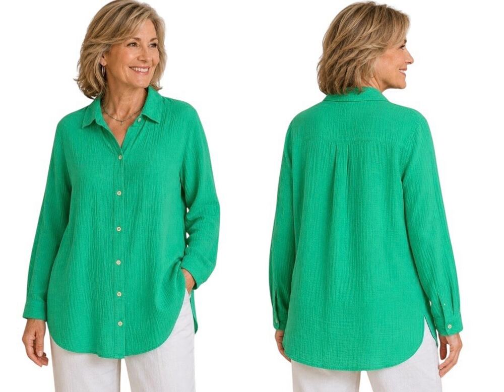 J.Jill Green Cotton Crinkle Gauze Button Up Long Sleeve Shirt Size XL EUC